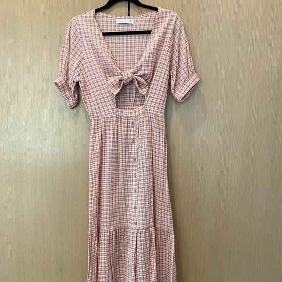 FAITHFUL THE BRAND Revolve Maple Pink Plaid Cut Out Midi Dress, size xs - Picture 3 of 9